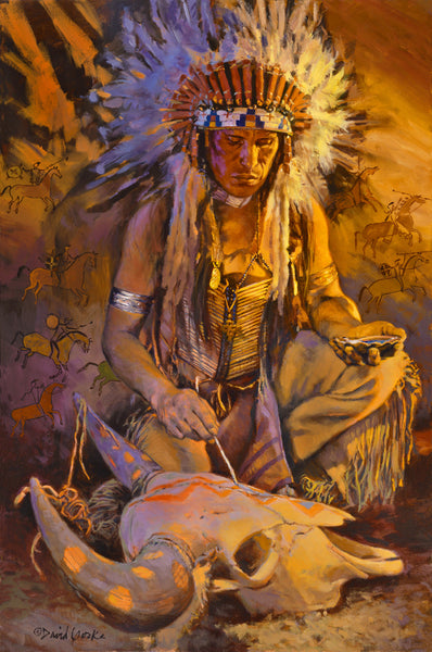 Original painting of a Plains Indian painting symbols on a buffalo skull.