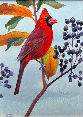 Deborah LaFogg painting "Cardinal and Berries" New Oil