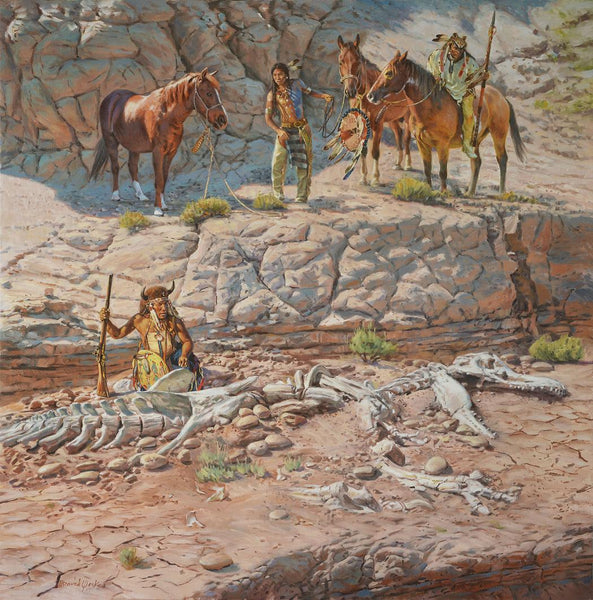 A painting depicting Native Americans discovering dinosaur bones, by David Yorke