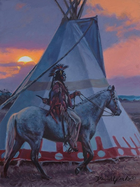 "Days End" painting of a Native American on a horse by a teepee by  David Yorke