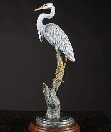 Great Blue Heron Bronze on Branch by Geoffrey Smith