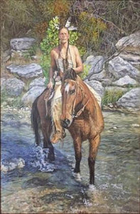 Victor Blakey painting of an Indian on a horse riding thru water.
