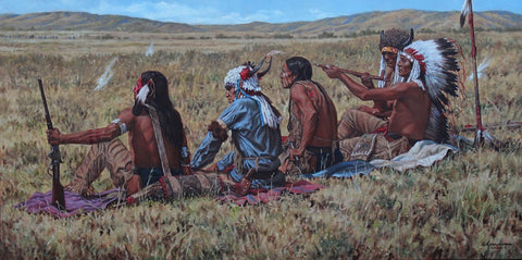 Painting of Native Americans smoking the peace pipe