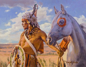 Painting of a Lakota Sioux Warrior with a white horse.