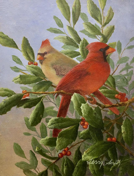 Terry Smith Painting "Cardinals in Scrub Holly" Original Acrylic