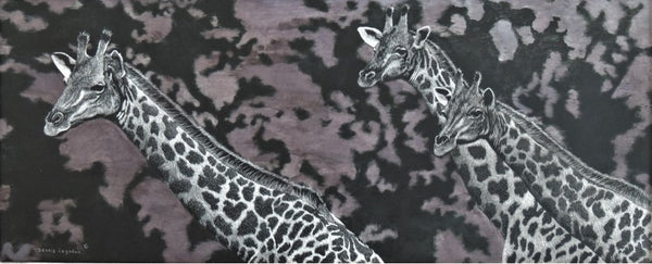 Dennis Logsdon Scratchboard "Masai Trio-Giraffes"