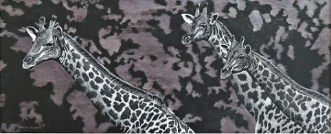 Dennis Logsdon Scratchboard "Masai Trio-Giraffes"